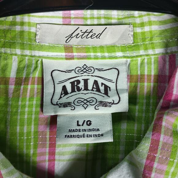 Ariat Shirt Womens Large Green Pink Plaid Fitted Western Pearl Snap Embroidered - Picture 3 of 14